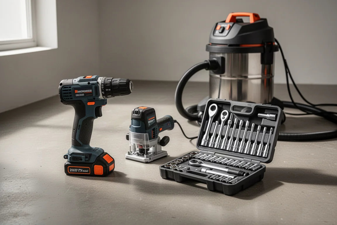 Assorted budget cordless tools, a mini ratchet socket set, and a shop vacuum on a concrete floor