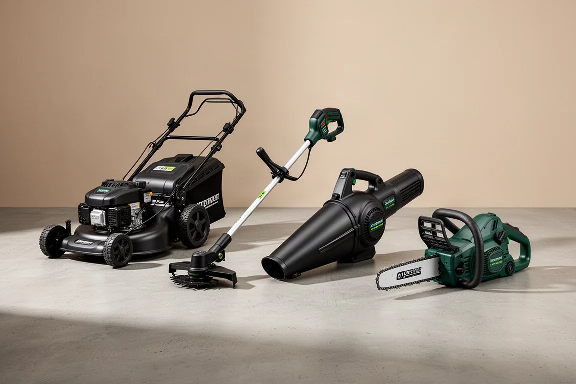 Lawn mower, string trimmer, blower, and chainsaw arranged on a concrete surface