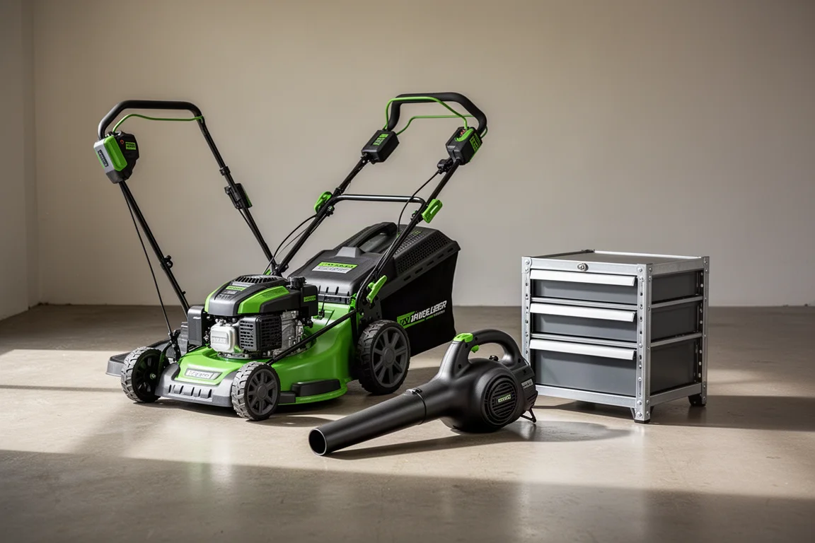 Greenworks 60V mower, Hart 40V blower, and Hart Stack storage organizer on concrete floor