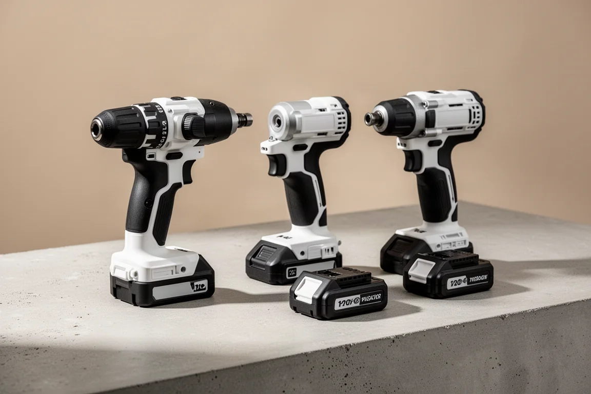 White and black DIY cordless drill and impact driver on a concrete surface
