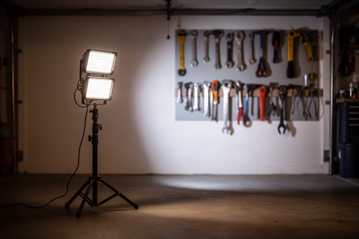 LED 工作燈燈板在黃昏時分照亮工作間的牆壁