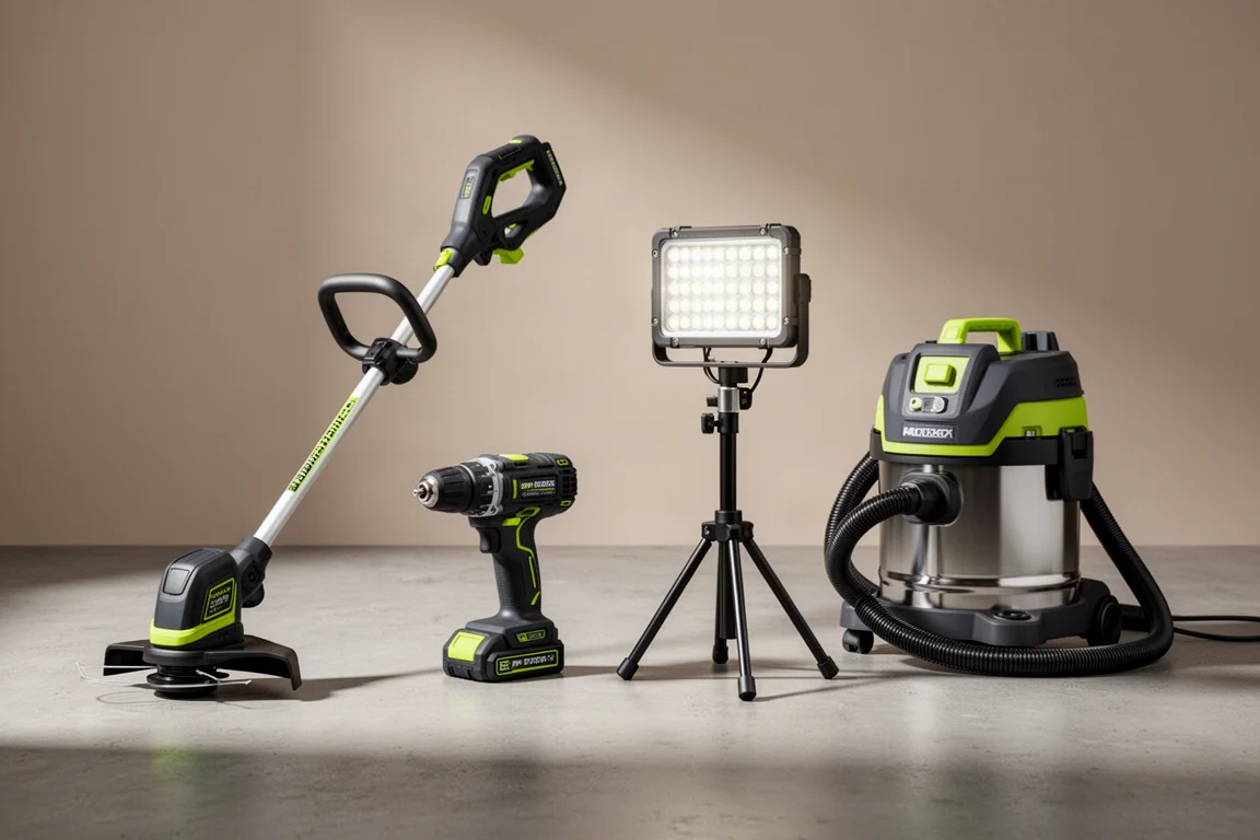 Lineup of cordless outdoor tools, a drill driver, LED work light, and wet dry vac on concrete