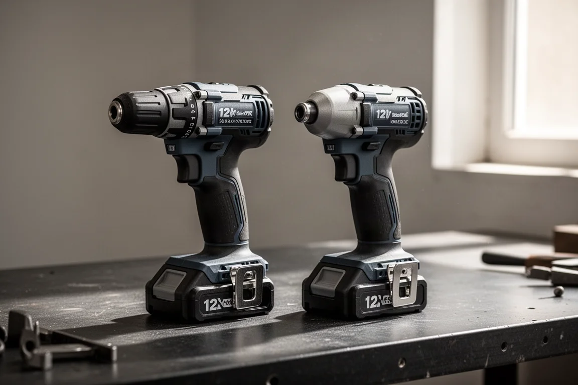 Taladro inalámbrico compacto 12V y llave de impacto sobre un banco de trabajo