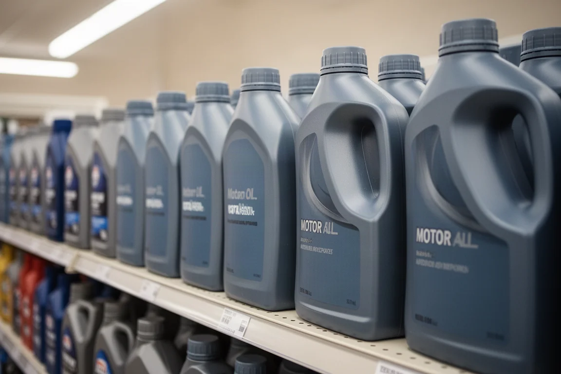 Filas de botellas de aceite de motor y fluidos en un estante de tienda