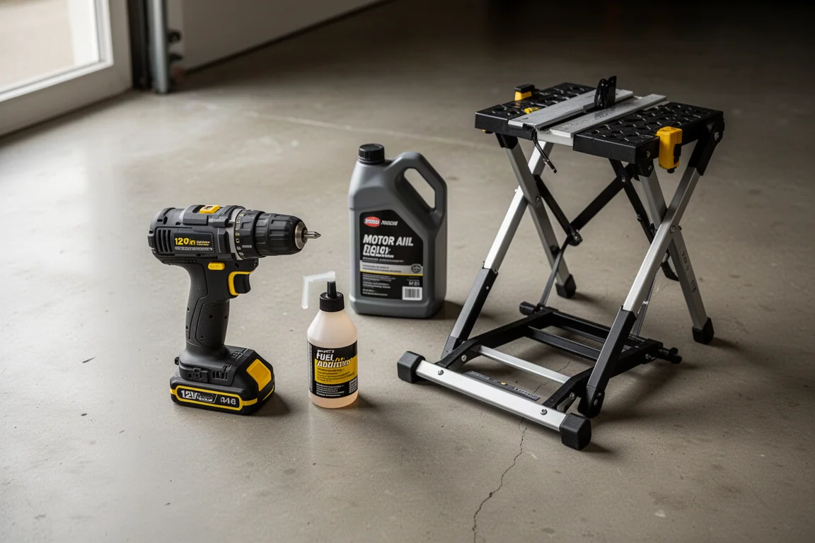Budget workshop flat-lay with cordless drill, additive bottle, oil bottle and saw stand