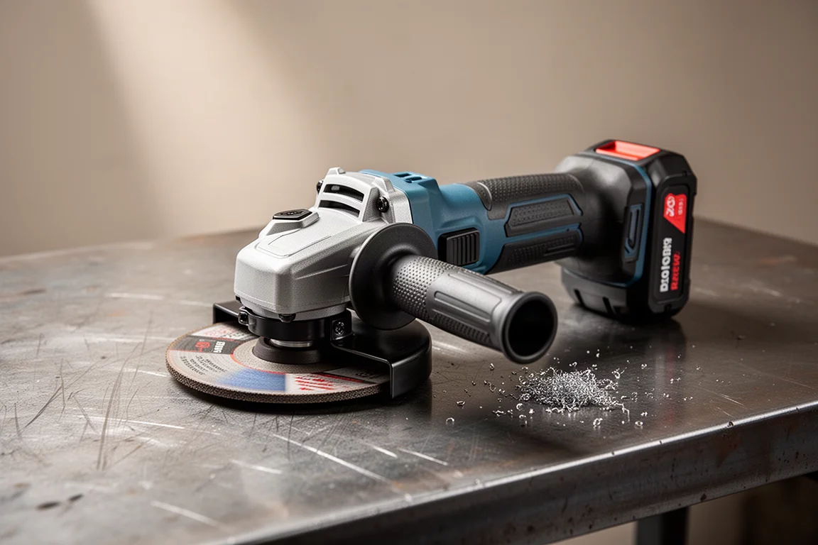Smerigliatrice angolare a batteria appoggiata su una superficie di lavoro in acciaio