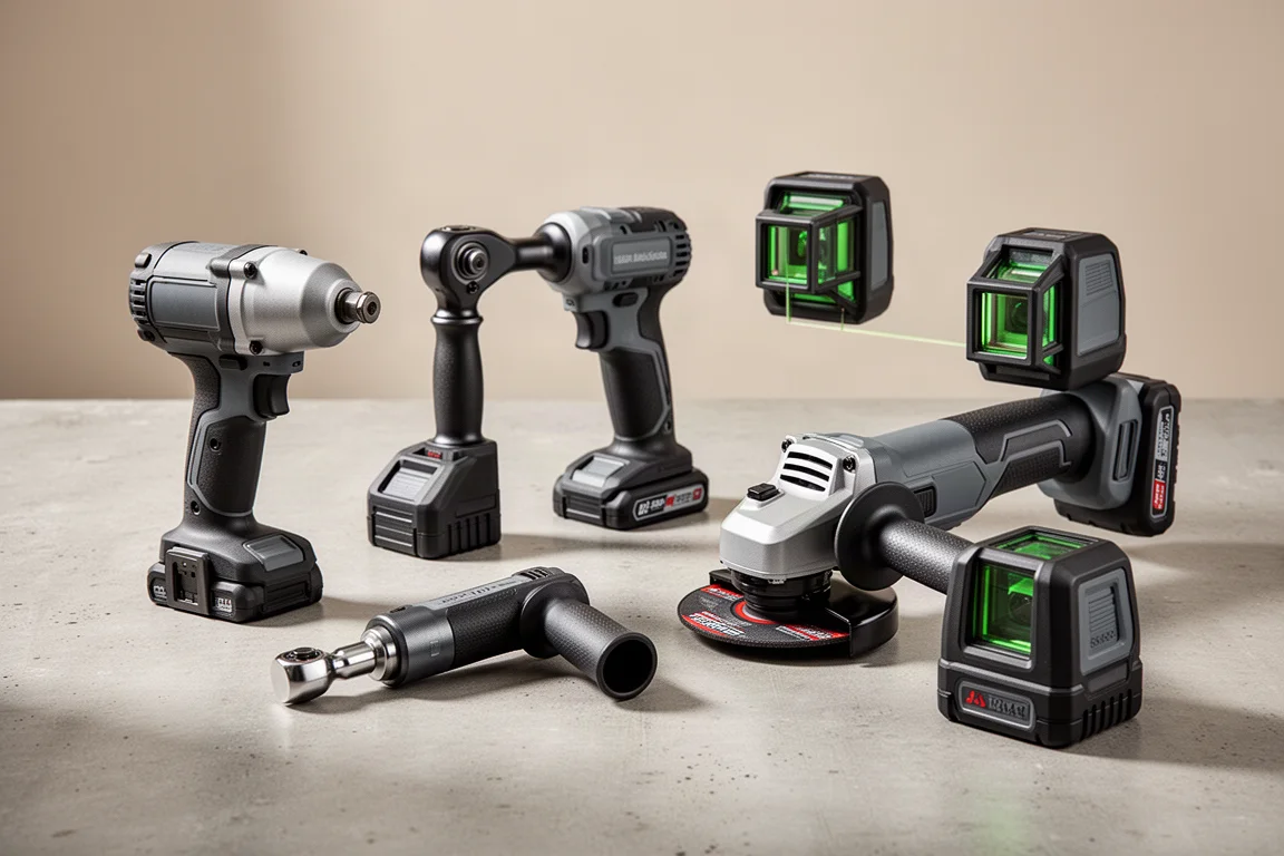 Assortment of budget cordless power tools on a concrete surface