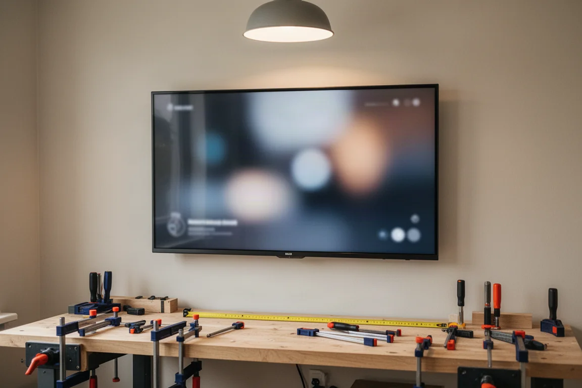 Grande TV 4K usata come monitor da banco di lavoro in un'officina domestica