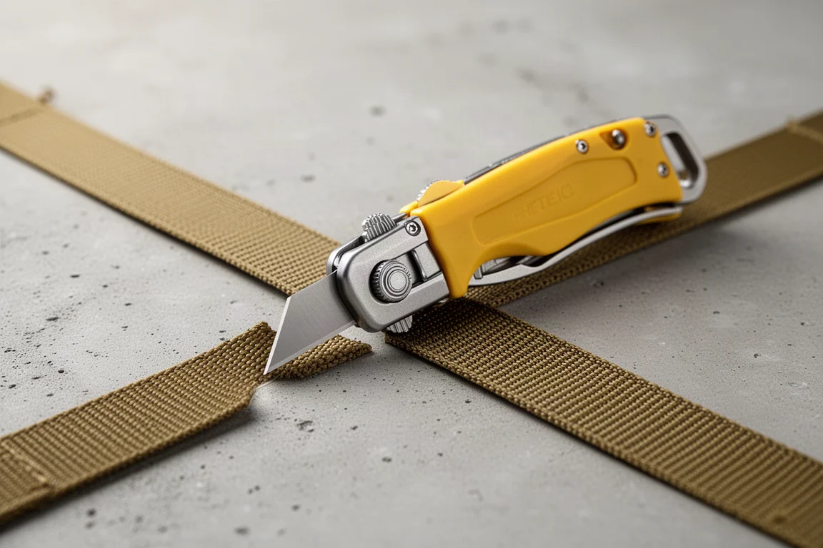 Coltello pieghevole da utilità chiuso che taglia una cinghia di nylon grazie al tagliacorde integrato