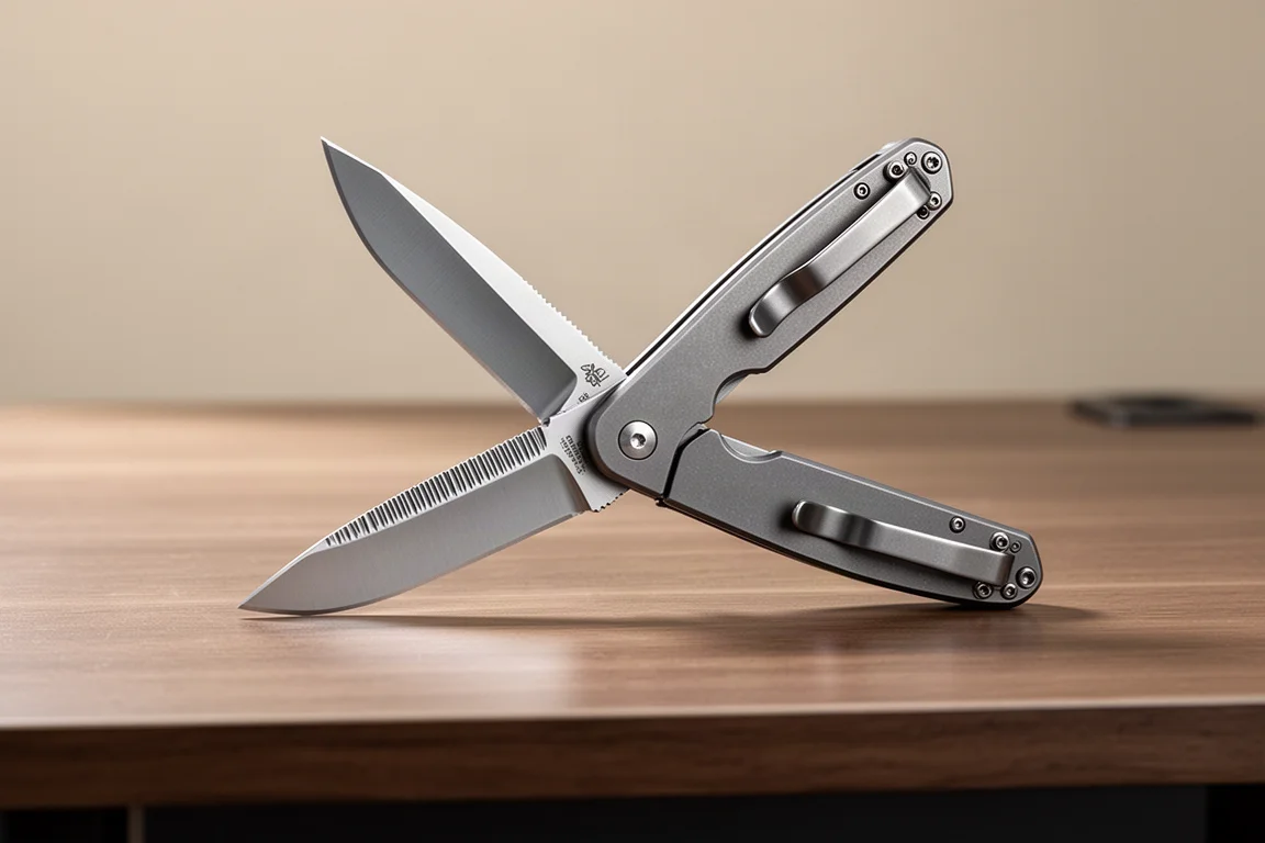 Coltello da tasca flipper a filo liscio che si apre su una scrivania, con clip da porto profondo ben visibile