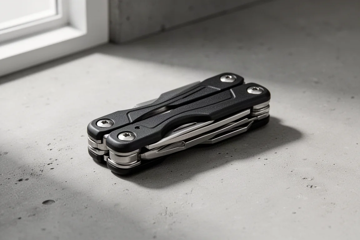 Compact folding multi-tool lying closed on a matte concrete surface