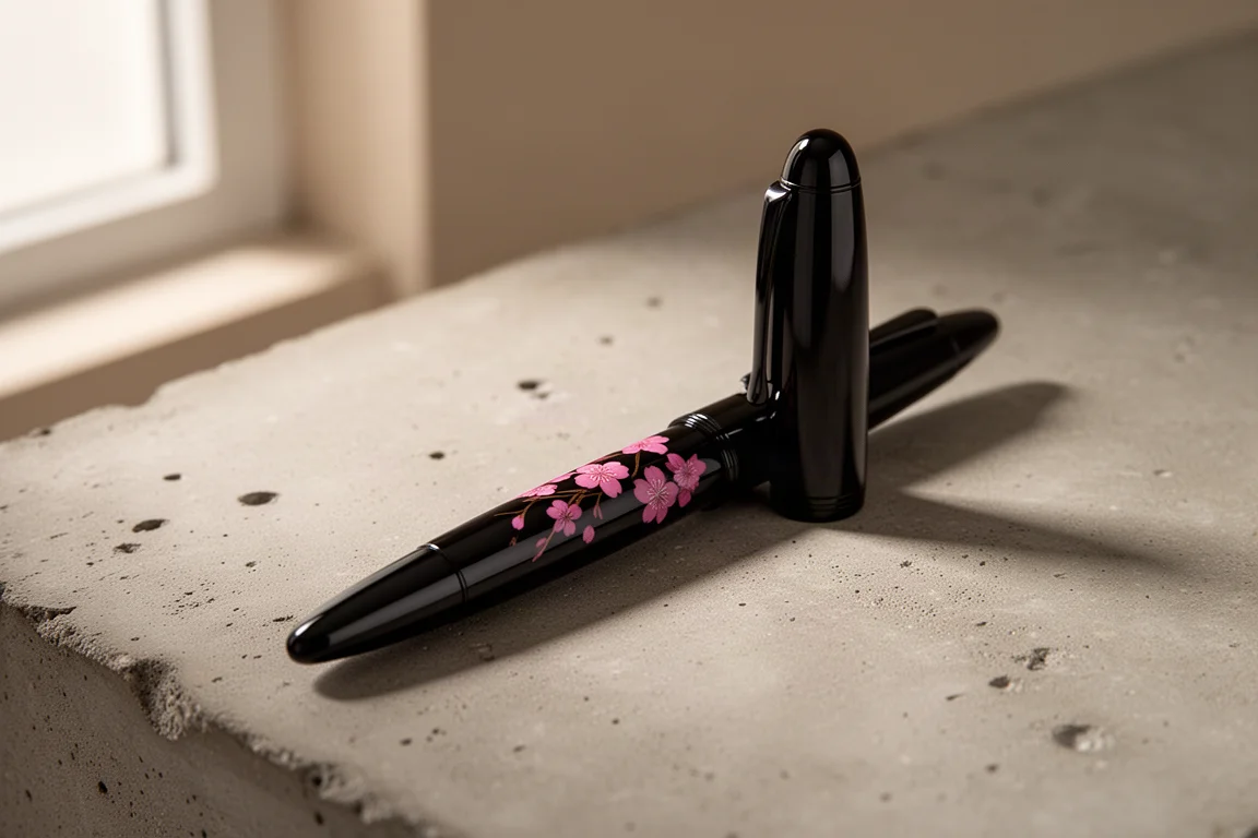 Glossy black urushi fountain pen with pink cherry blossoms on a concrete surface