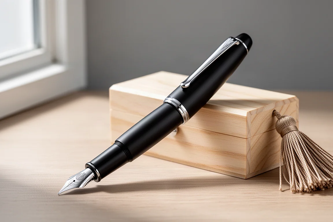 Matte black ebonite fountain pen with chrome clip beside a softwood pen box