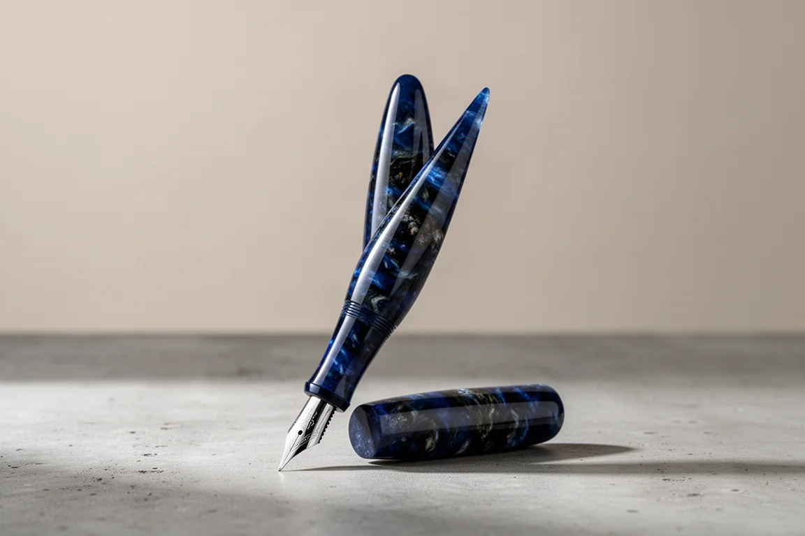 Deep blue teardrop-shaped fountain pen standing upright on a concrete surface