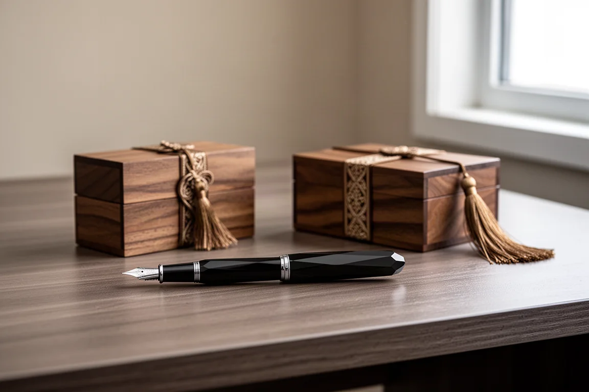 Stylo-plume noir à facettes sur un bureau en bois à côté d'un coffret cadeau en bois