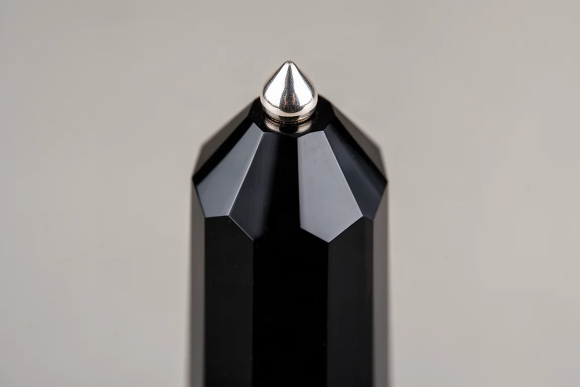 Gros plan sur le capuchon du stylo montrant les douze facettes plates et le pommetau argenté