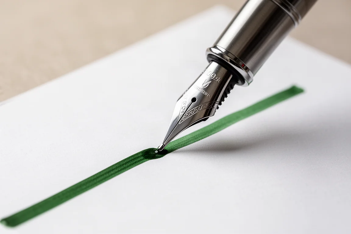 Plume de stylo-plume écrivant sur du papier blanc avec une encre verte