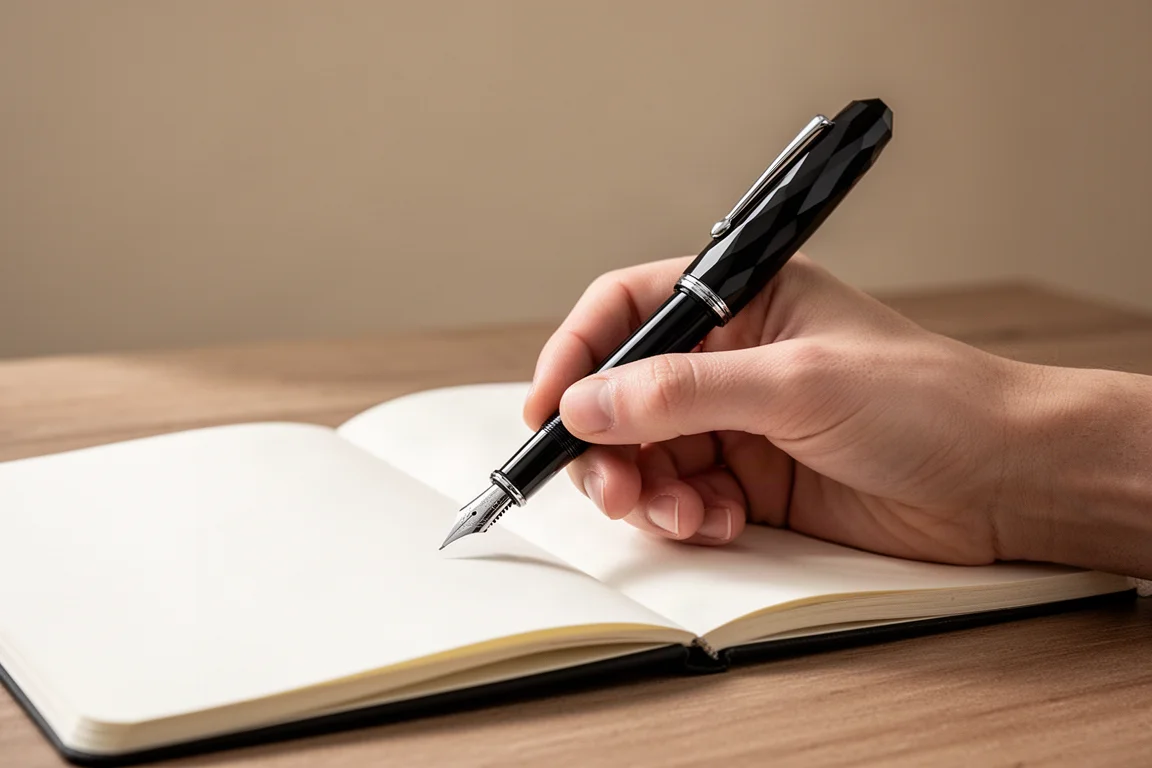 Main tenant un grand stylo-plume au-dessus d'un carnet ouvert