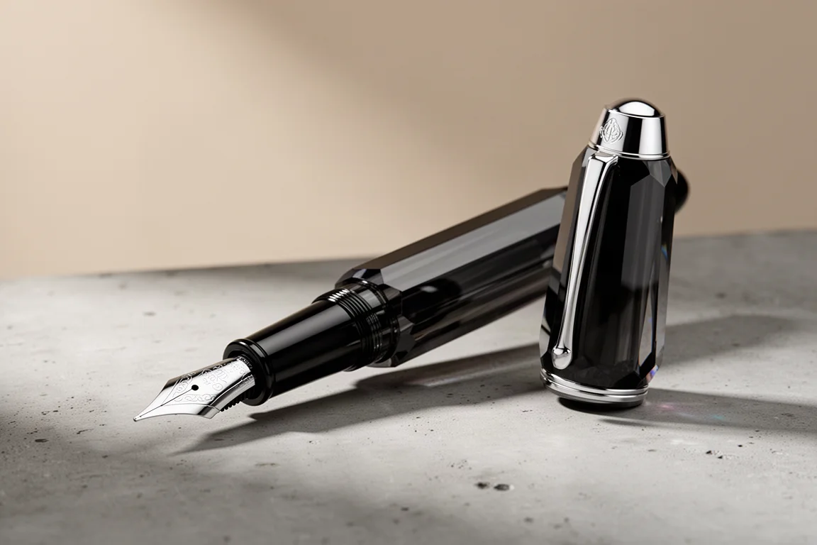 Wancher Kaiedo black faceted fountain pen with silver finial on concrete surface