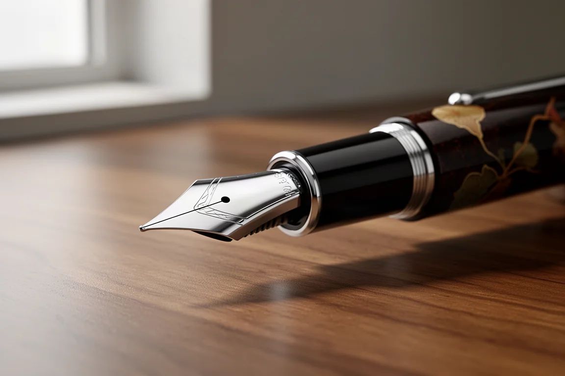 Close-up of a fountain pen nib with a flat architectural grind on a lacquered pen