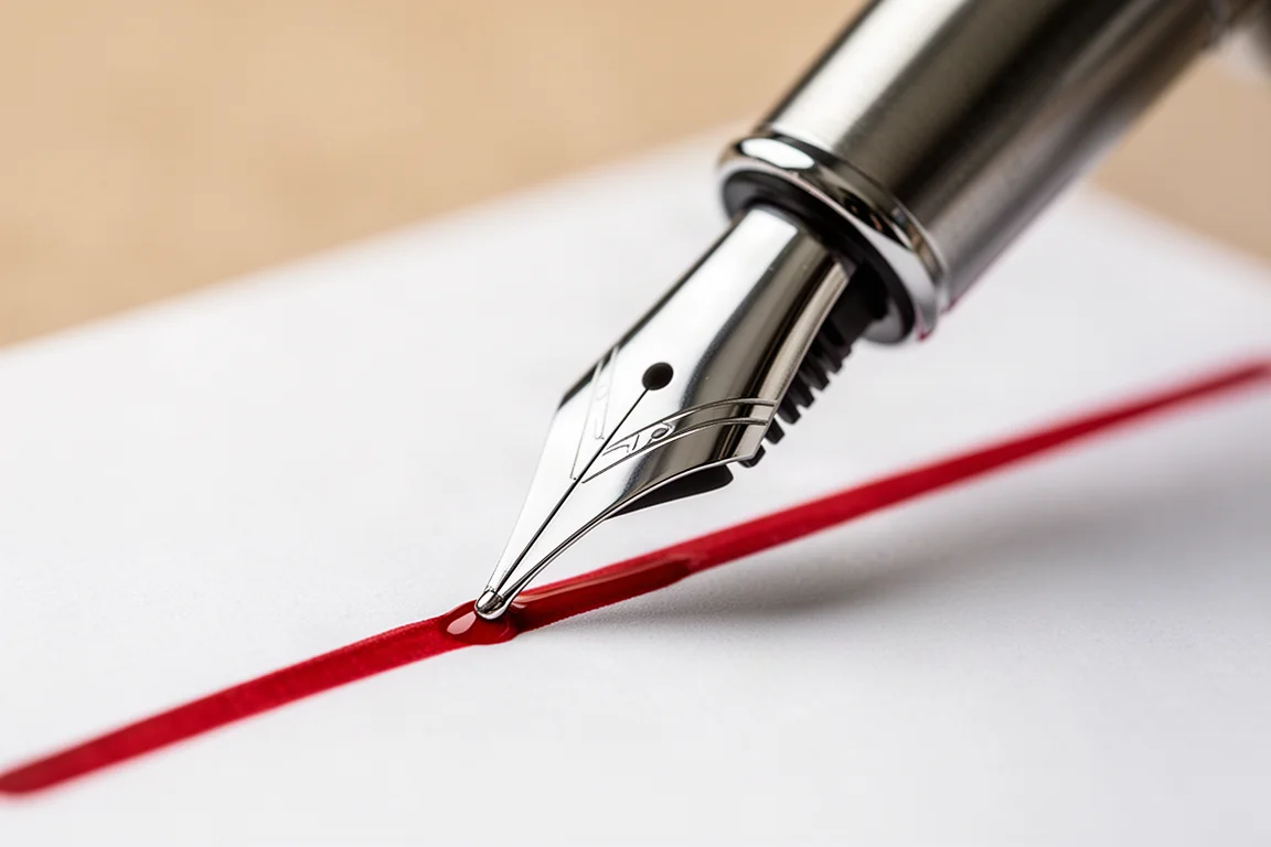 Pena broad de caneta-tinteiro traçando uma linha vibrante de tinta vermelha no papel