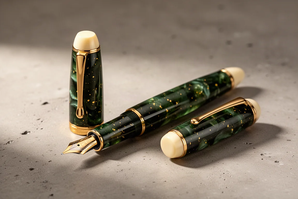 Tea green fountain pen with gold flecks and gold trim on a concrete surface