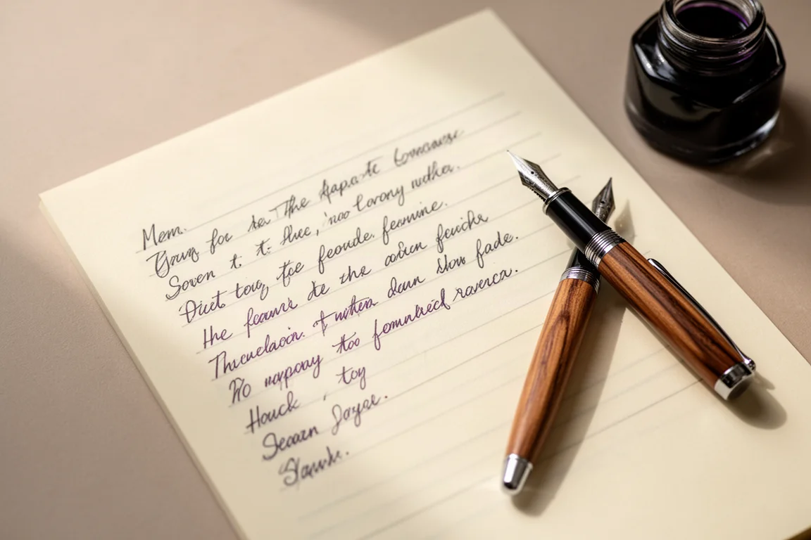 Schriftprobe auf cremefarbenem Papier mit bläulich-grauer Tinte und subtillem Schimmer