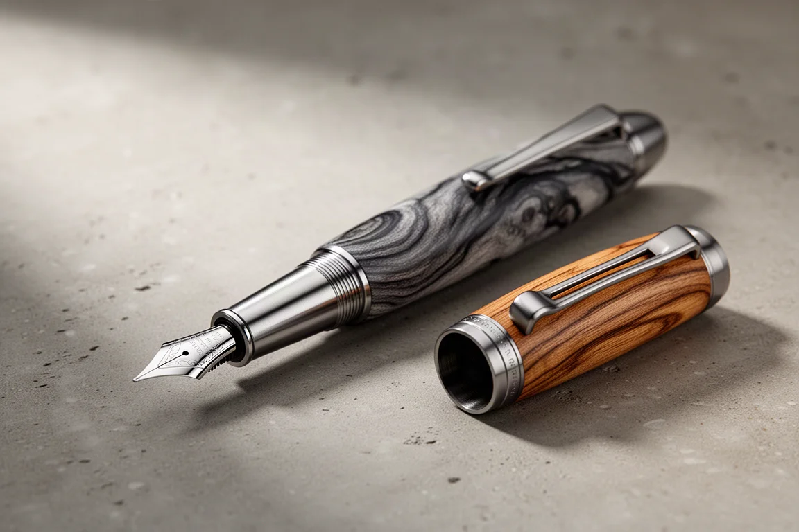 Wancher Olympus Titan fountain pen in stabilized gray wood with titanium section on concrete surface