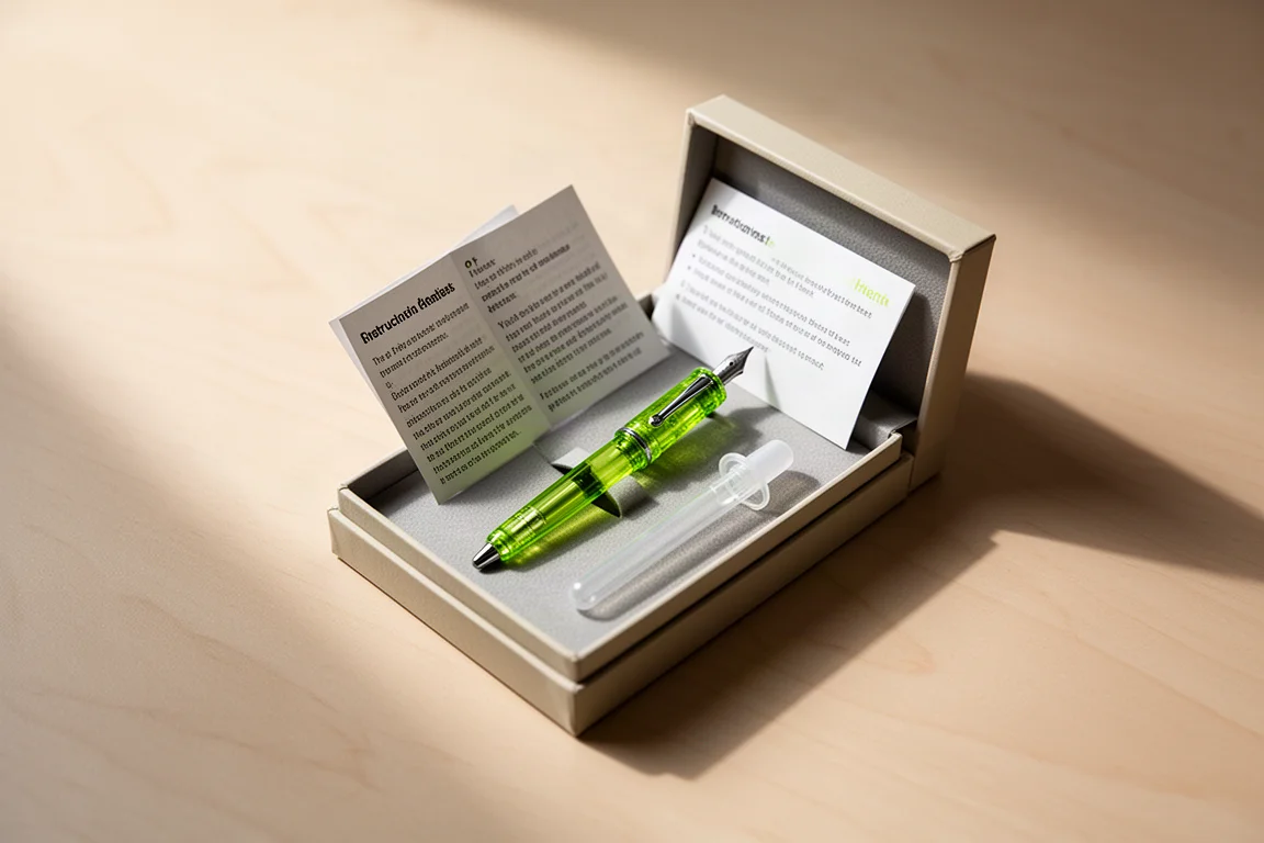 Petit stylo plume posé dans une boîte-cadeau ouverte avec sa documentation