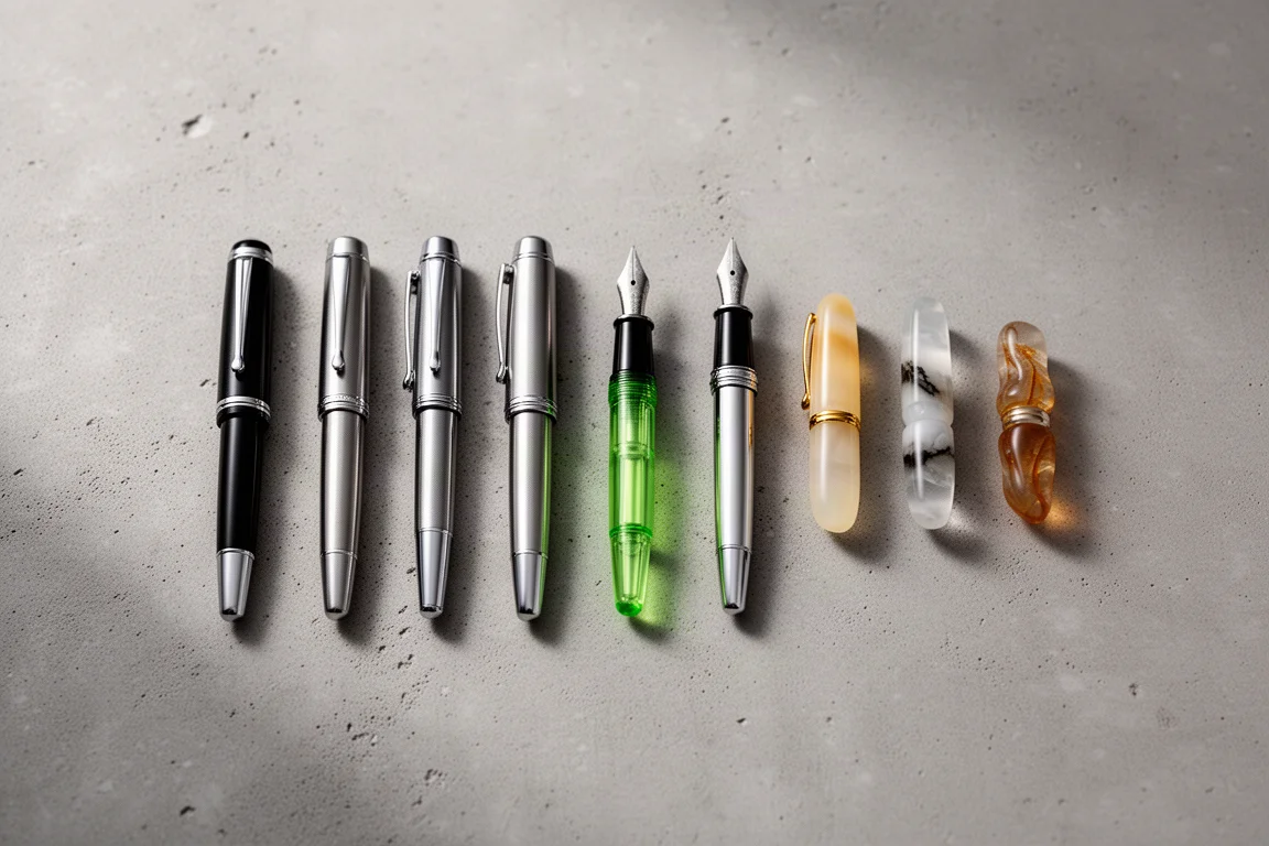Petit stylo plume comparé en taille à d'autres stylos compacts sur un bureau