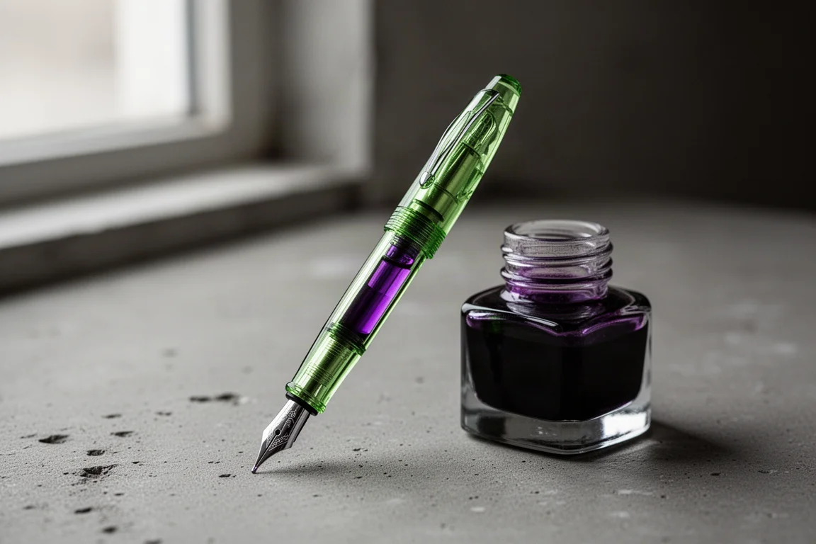Stylo rempli d'encre violette, réservoir teinté visible à travers la résine translucide