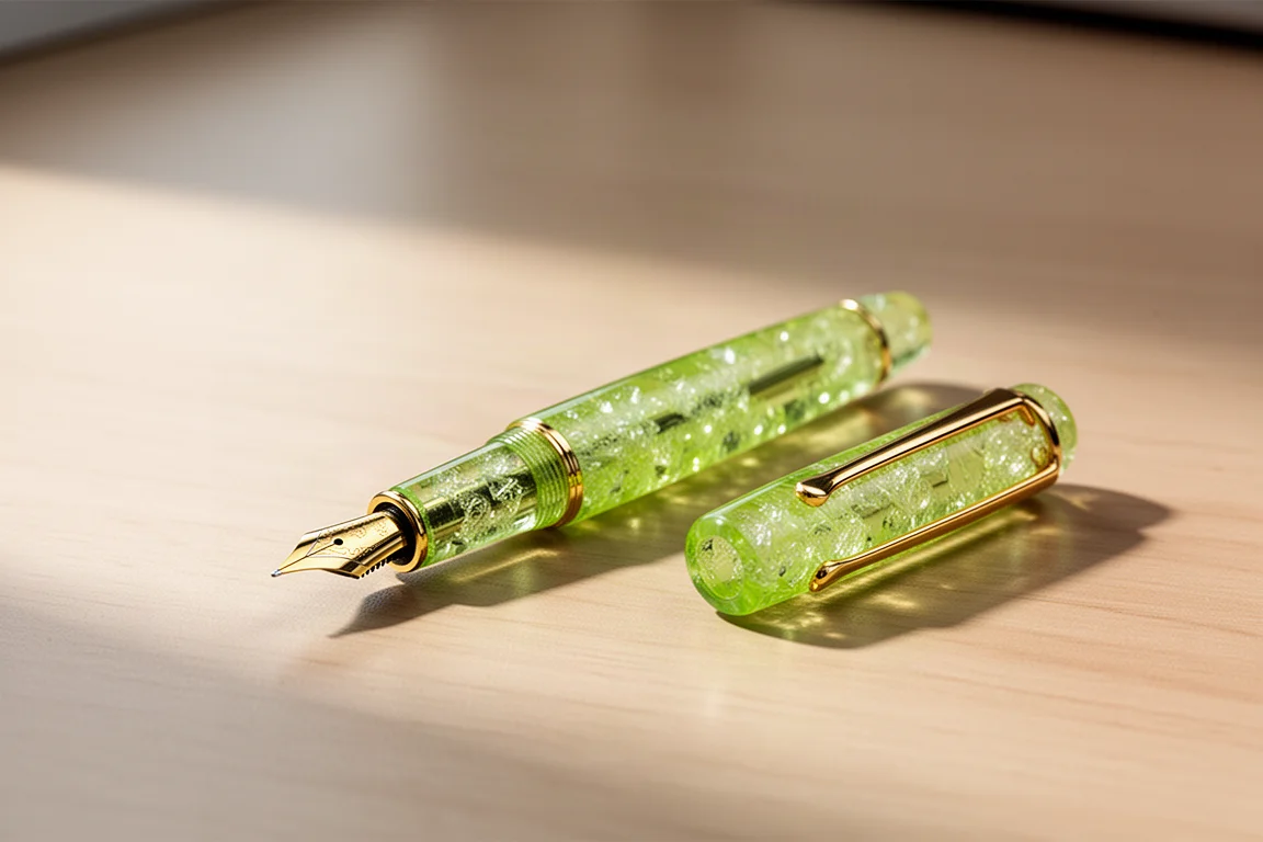 Tiny green acrylic fountain pen with gold trim on a wooden desk