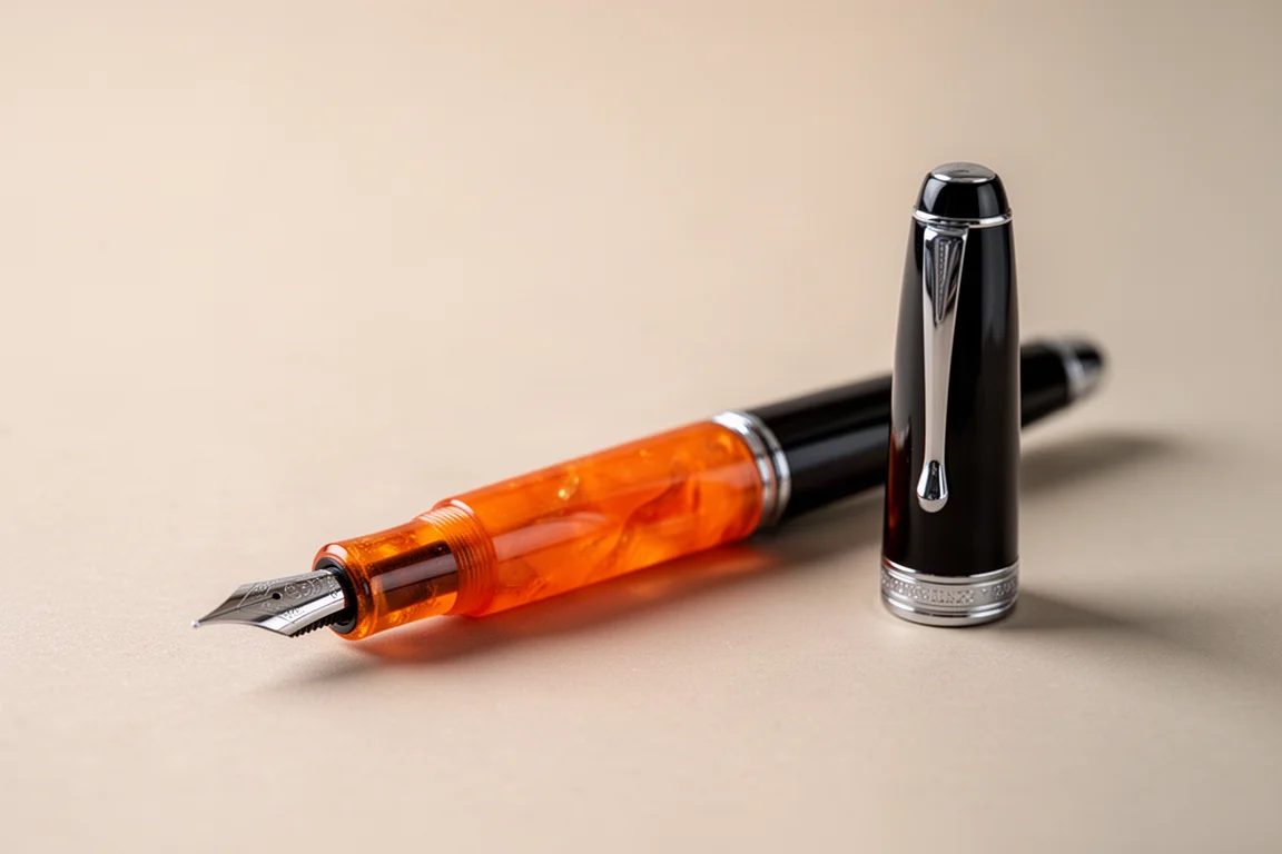 Very small orange fountain pen resting next to a standard-sized pen cap