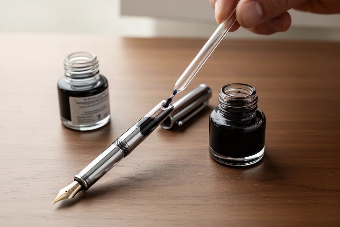 Hands filling a fountain pen barrel with bottled ink using a pipette