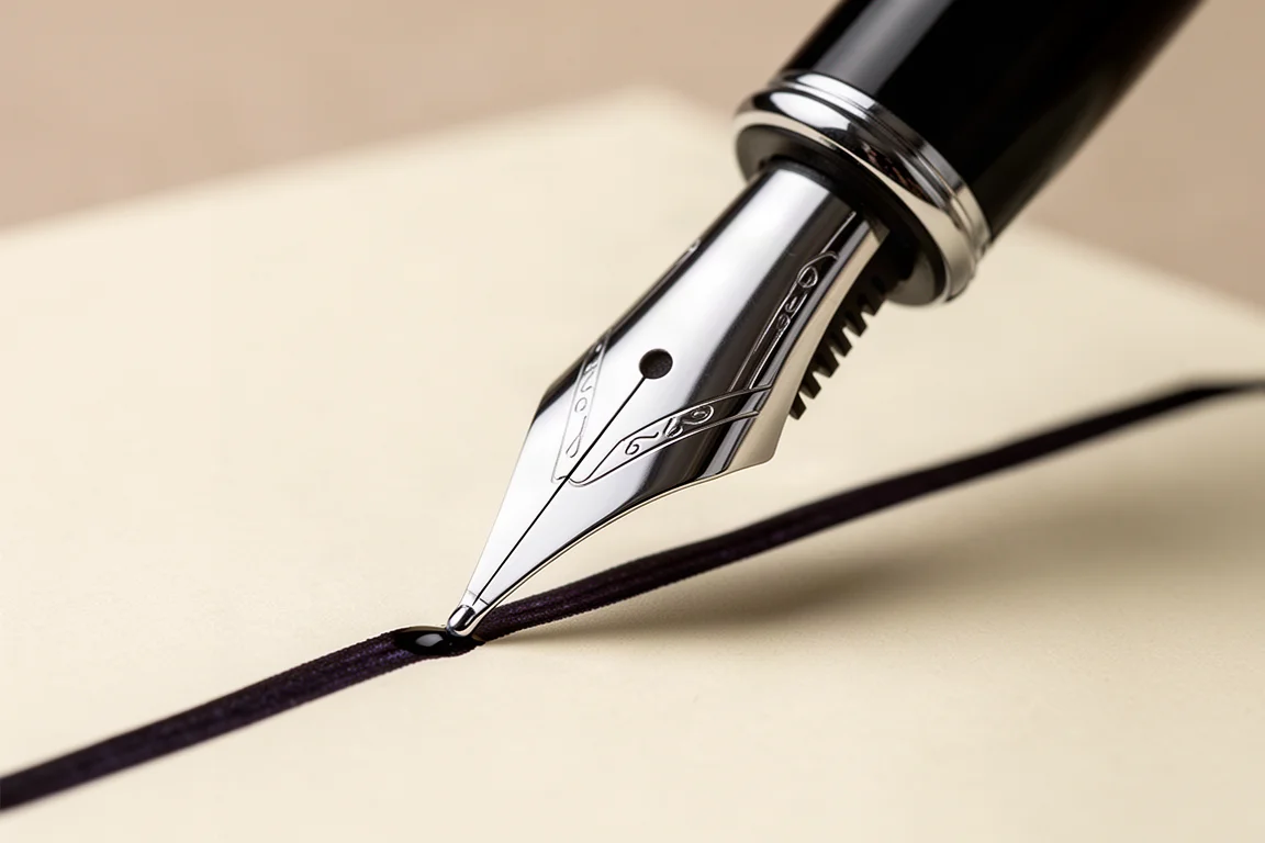 Close-up of a large steel fountain pen nib writing a wet line of ink on paper