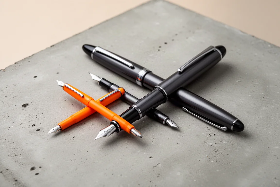 Two fountain pens of vastly different sizes placed side by side on a desk