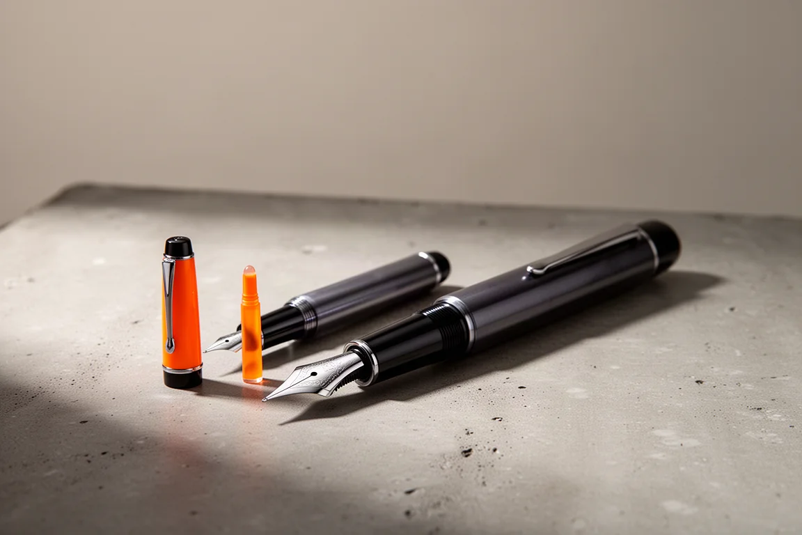Piccola fountain pen arancione accanto a una fountain pen scura sovradimensionata su cemento