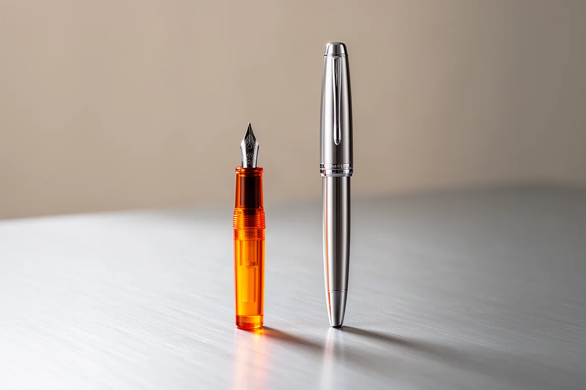 Minuscola penna stilografica arancione da tasca accanto a una penna di formato standard come riferimento di scala