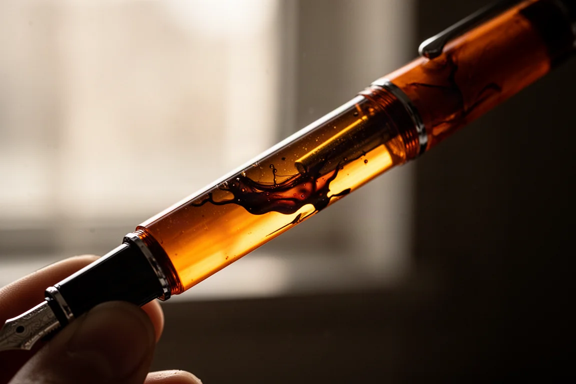Fusto arancione traslucido della penna sollevato verso la luce per mostrare il livello d'inchiostro interno