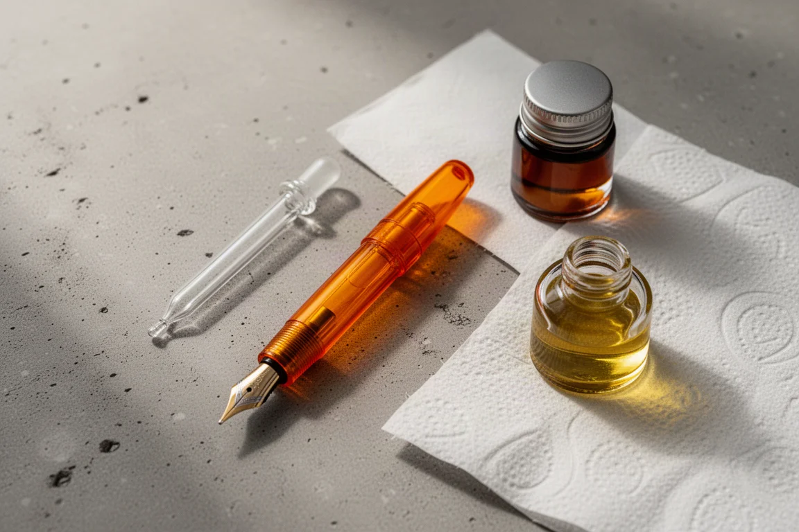 Pipetta, contagocce e componenti della penna stilografica disposti su una scrivania durante il riempimento