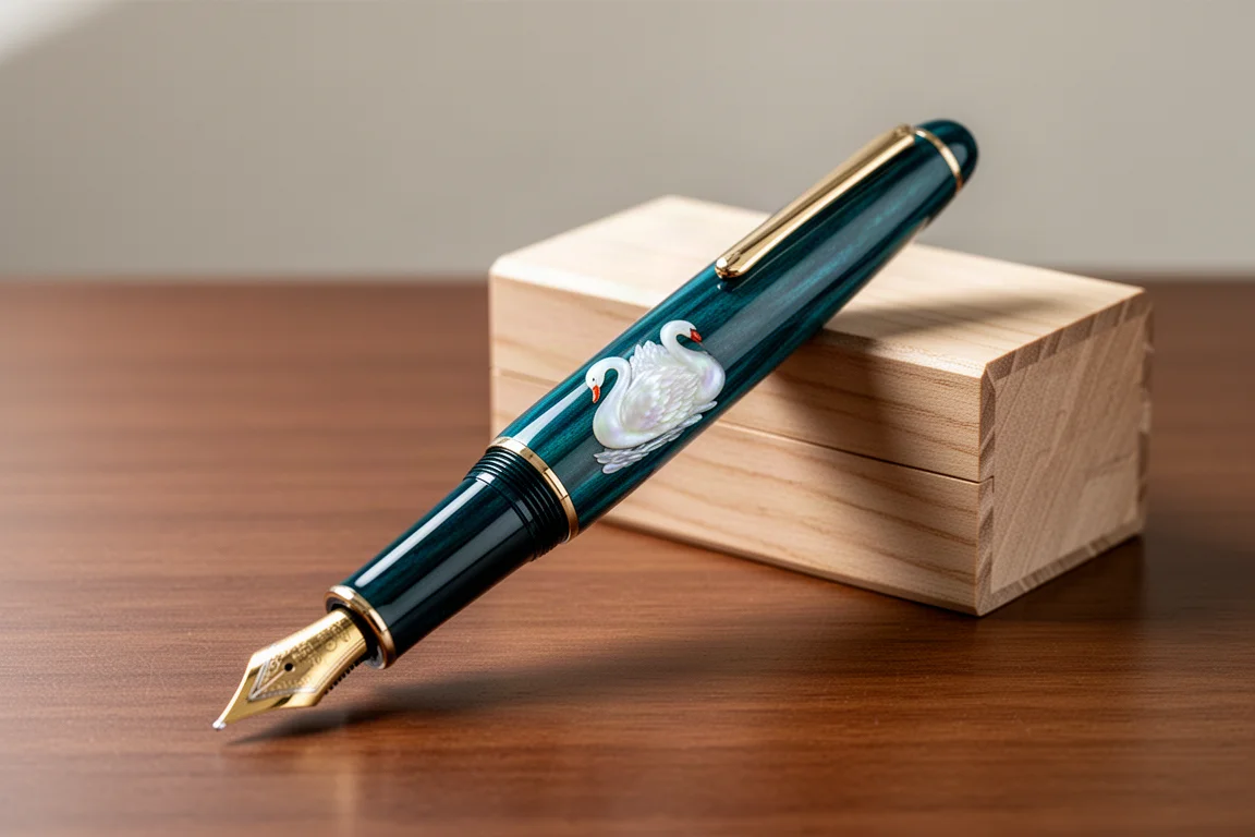 Teal Urushi lacquer fountain pen with mother-of-pearl swan inlay on a wooden desk