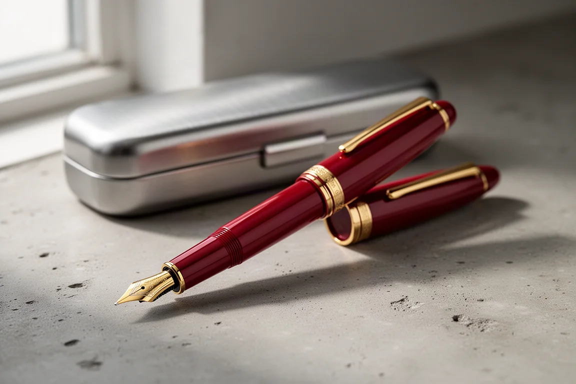 Deep red fountain pen with gold trim resting on a concrete surface