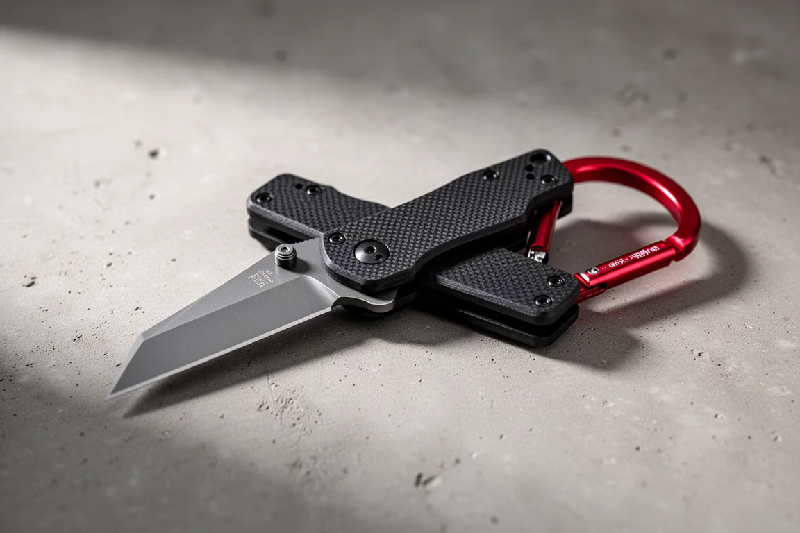 Compact tanto utility knife with black G10 scales and red carabiner gate on concrete