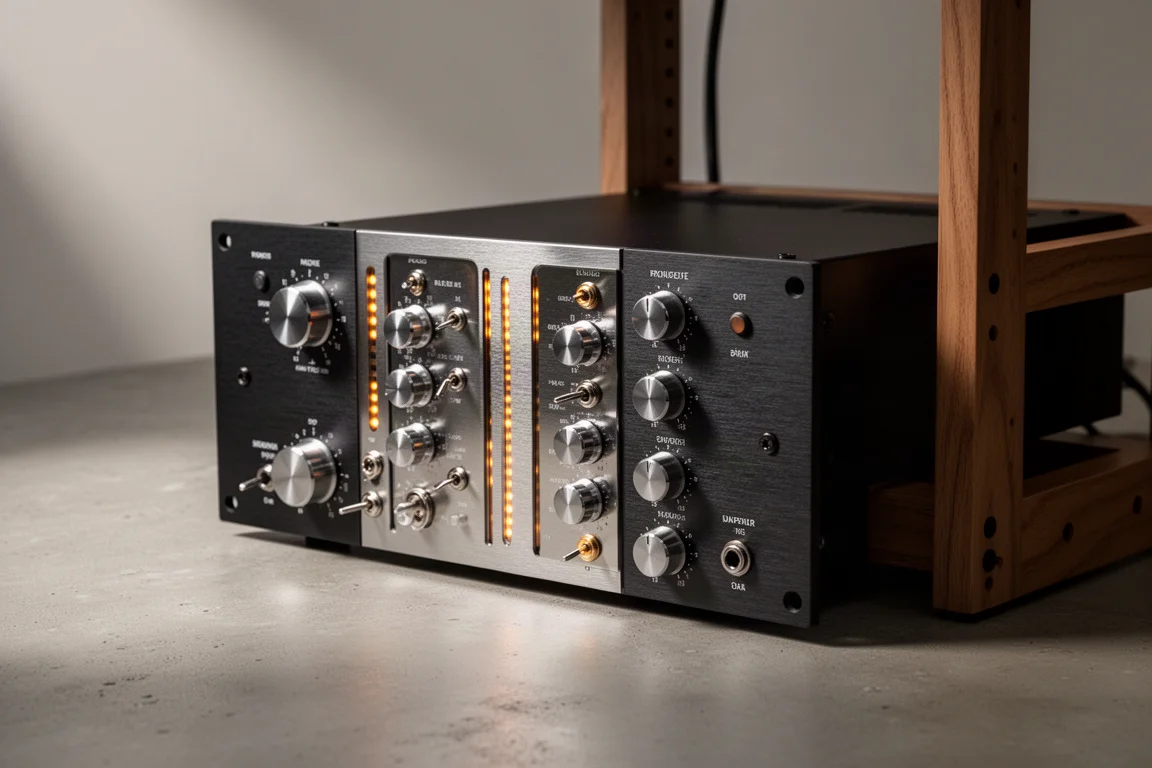 Two channel rack mount studio preamp with brushed metal faceplate and amber indicator lamps