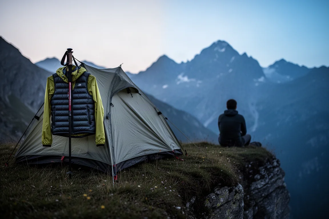 Alpine campsite at dusk with gear hanging and a distant figure facing the mountains