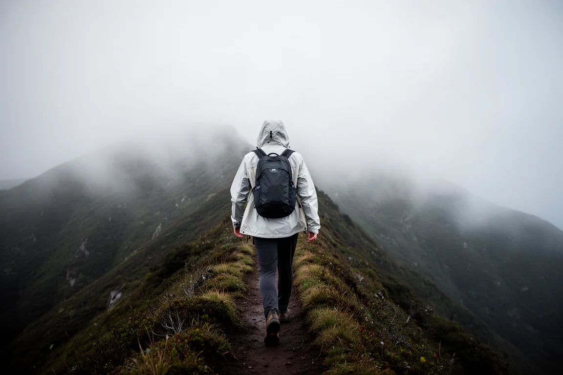 Hiker with a light synthetic layer walking a misty ridge trail, seen from behind