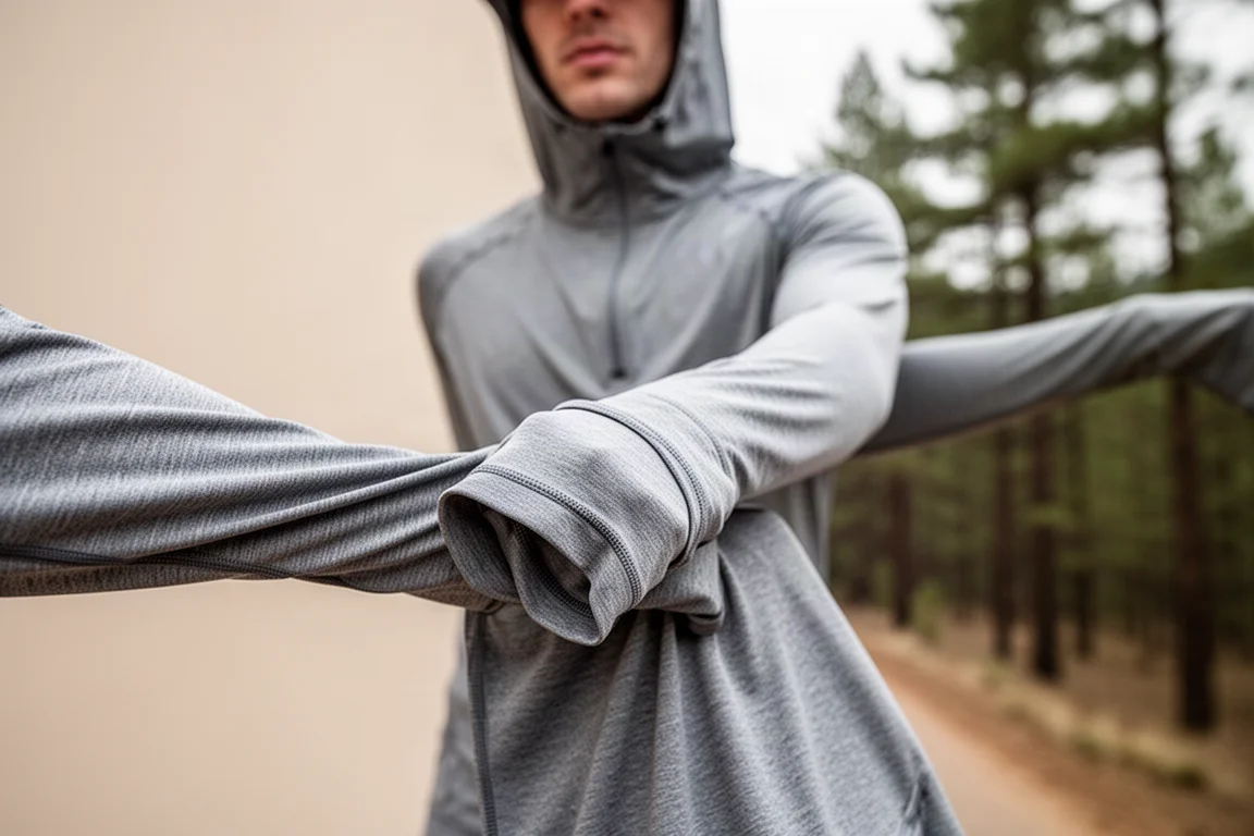 Close-up of a thin hooded base layer cuff worn under an open shell jacket