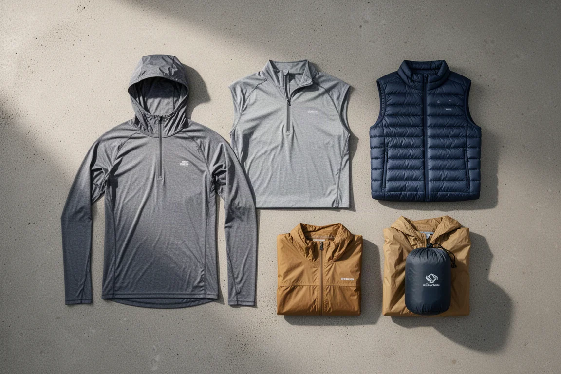 Overhead flat-lay of a summer backpacking layering kit arranged on concrete