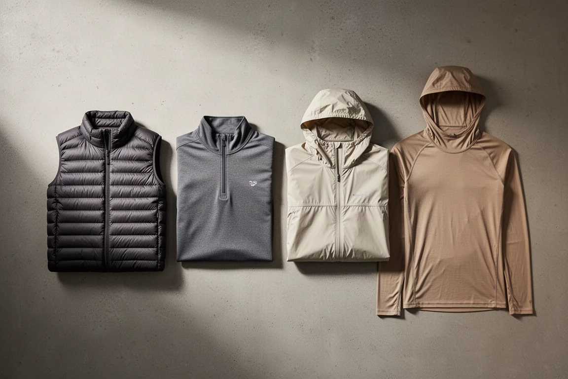 Four lightweight backpacking layers arranged flat on a concrete surface