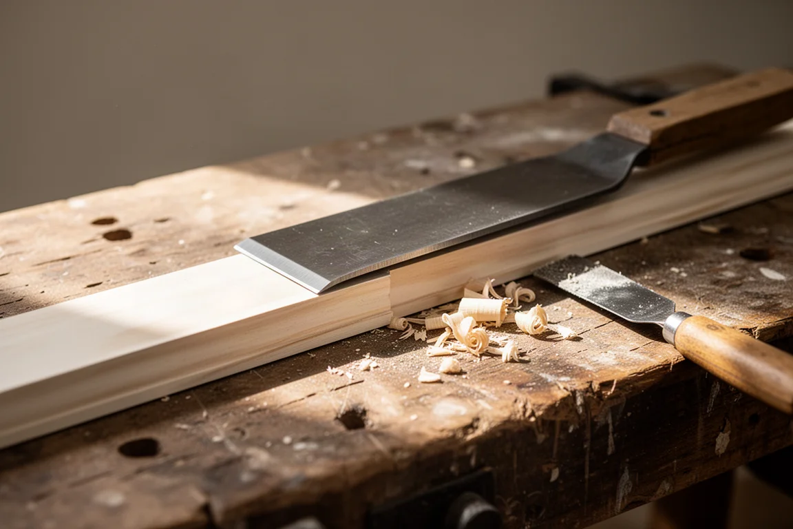 Flat steel pry bar blade slid under a strip of trim on a wooden workbench